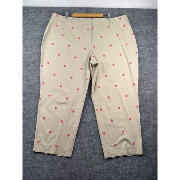 Talbots Woman 22W Curvy Fit Khaki Crop Pants Pink Embroidered Shells Stretch - Picture 1 of 10